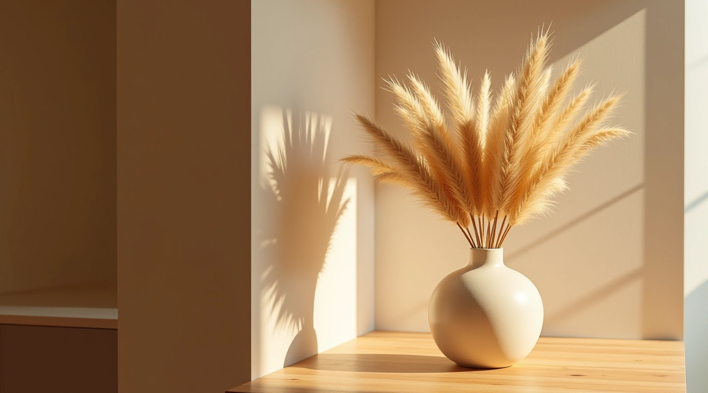 Handmade ceramic vase with dried pampas reeds in a modern interior setting