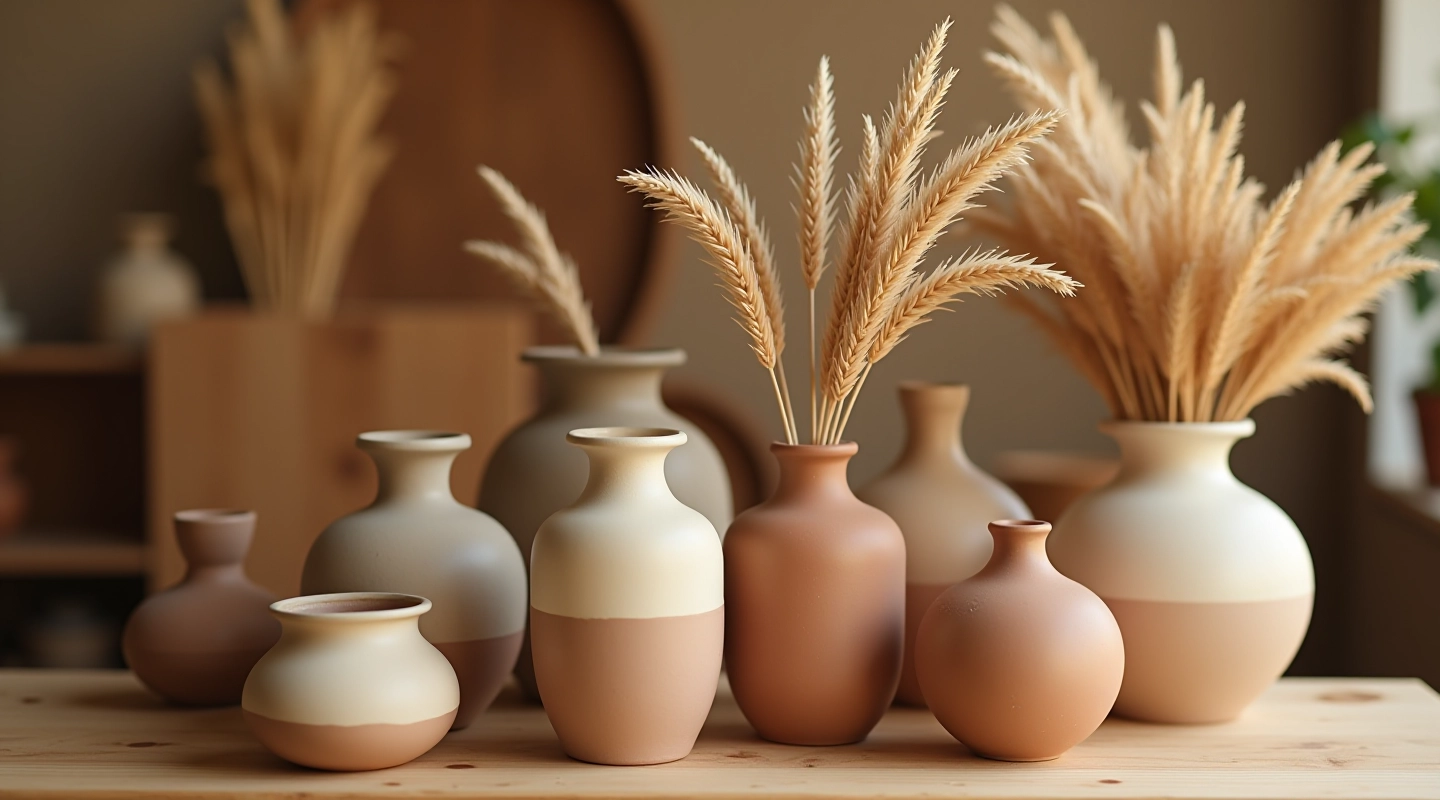 Handmade ceramic vases and dried pampas reed arrangements displayed in natural light, artisan workshop setting