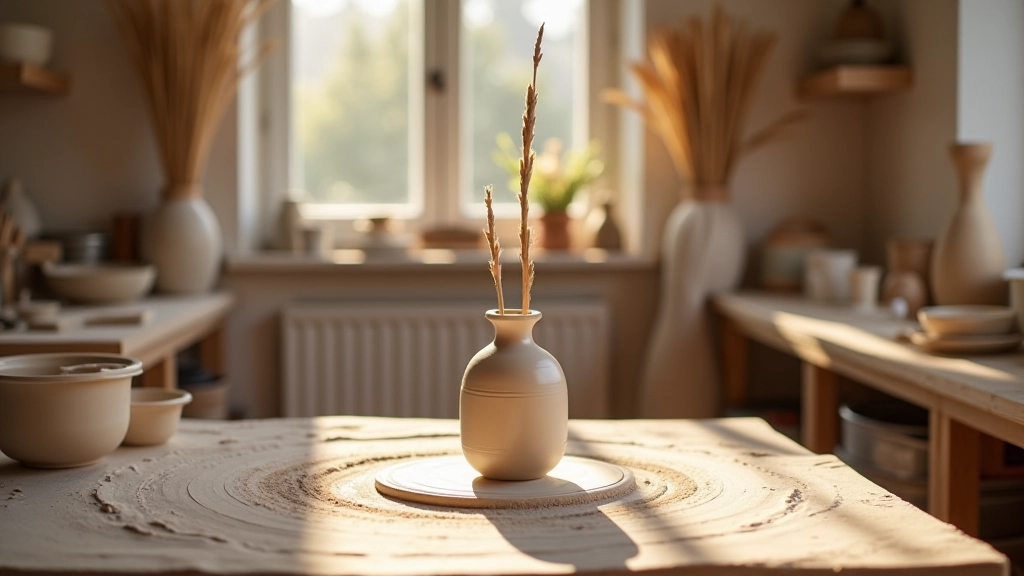 Artisan ceramic studio workspace with clay pieces drying, natural light, creative workspace with organized materials