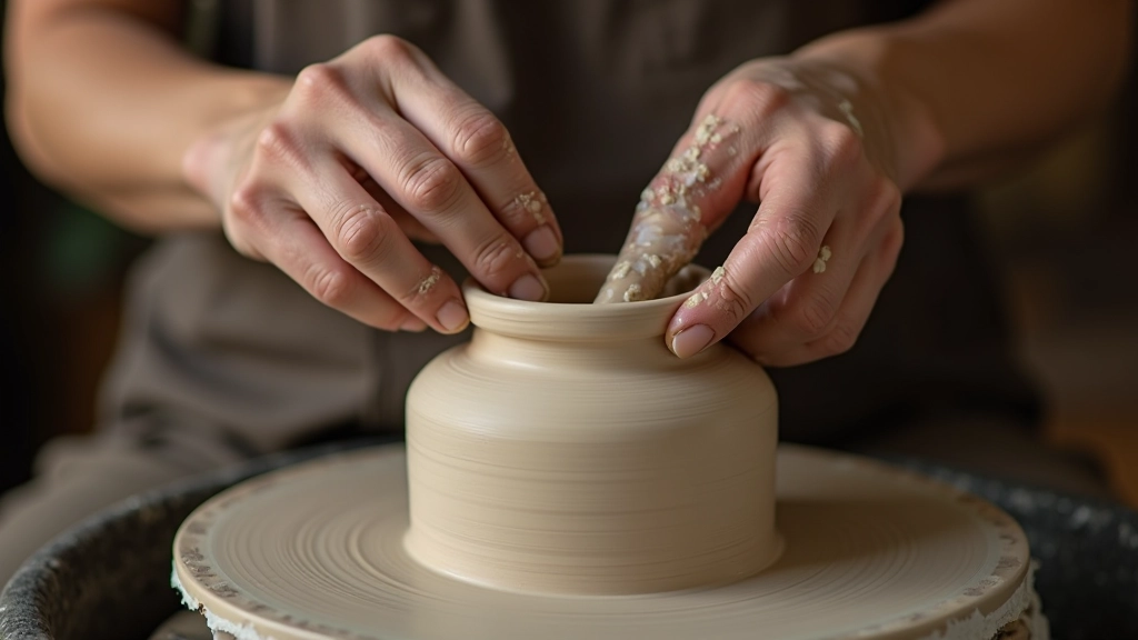 Ceramic artist working at pottery wheel, hands shaping wet clay with focused concentration and natural studio lighting