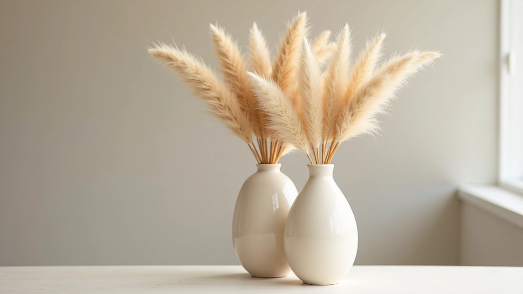 Layered dried reed arrangement with multiple stem types and heights in ceramic vase, textured botanical display in bright living room