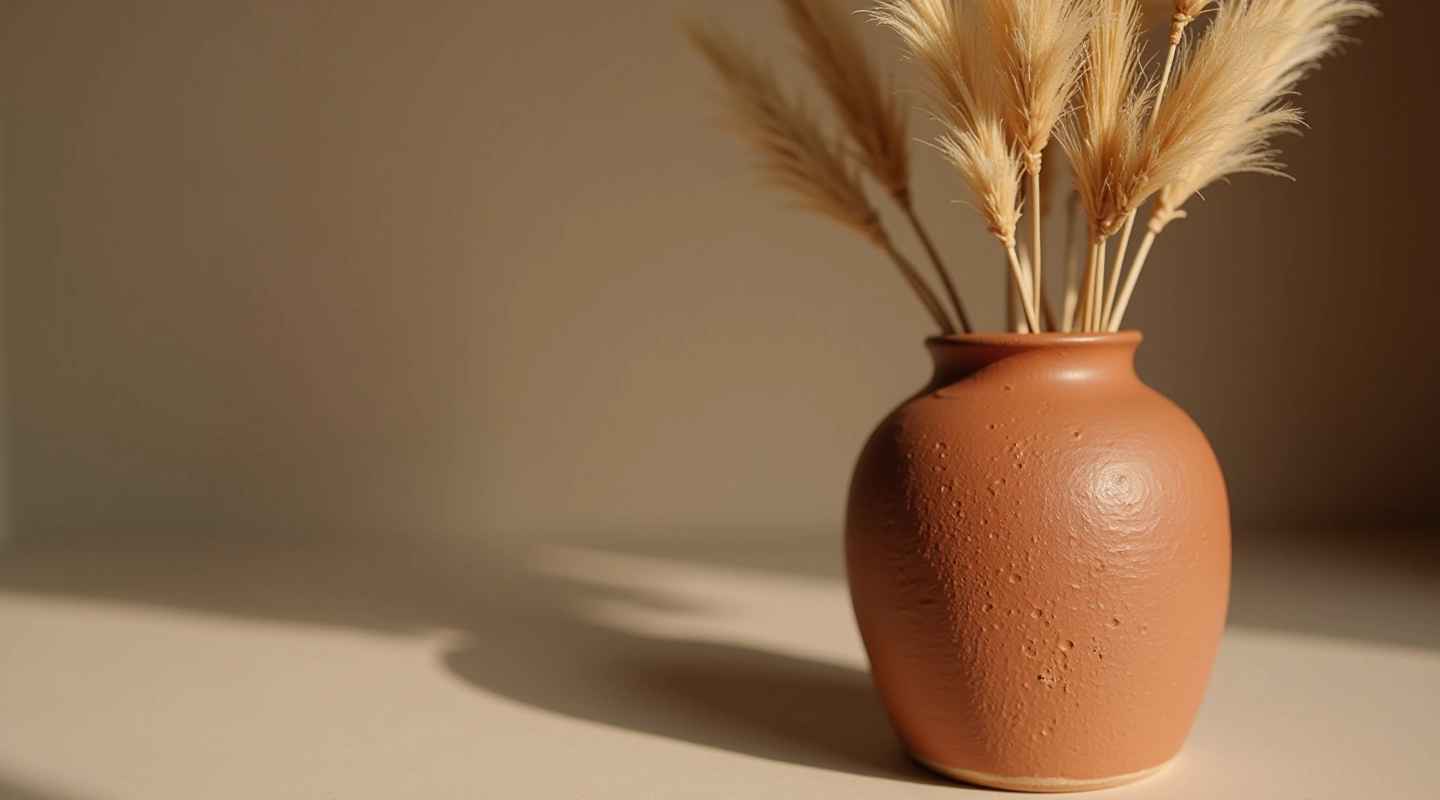 Close-up of a handmade ceramic vase with textured surface and earthy glaze finish