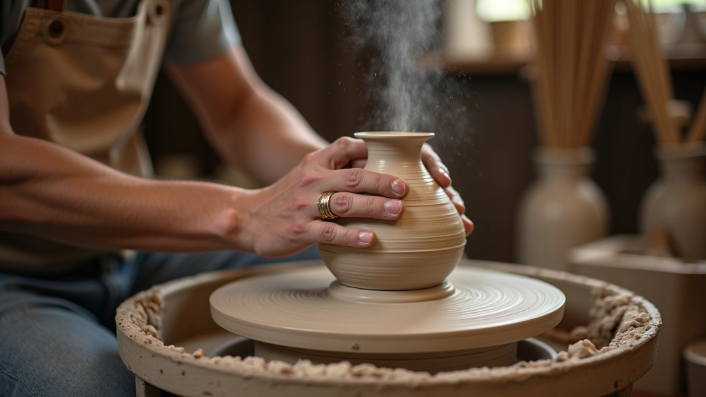 Close-up of hands shaping wet clay on spinning pottery wheel, clay spinning and hands guiding the form, motion and water spray visible