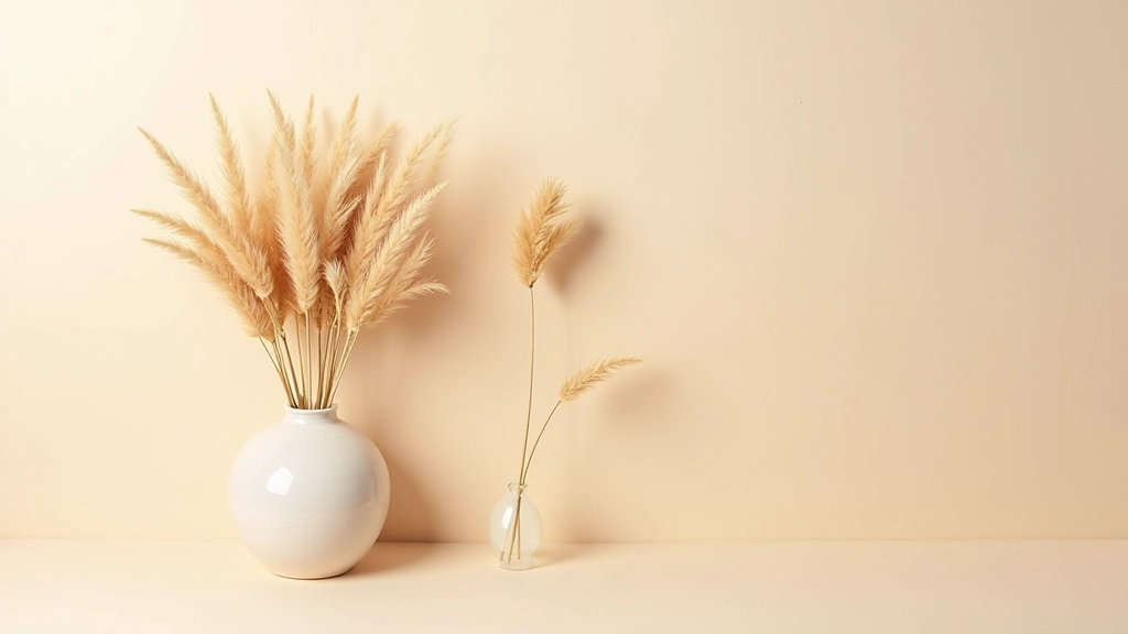 Flat lay photography showing various dried pampas reed stems and botanicals on neutral background