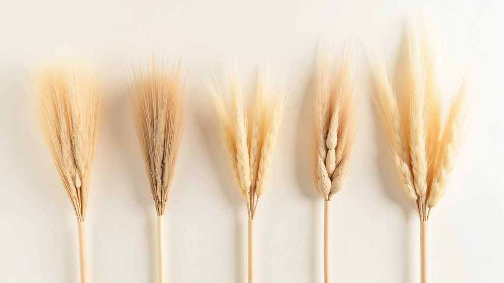 Flat lay arrangement showing multiple types of dried reeds side by side including miscanthus, cortaderia, and wheat varieties with distinct visual differences