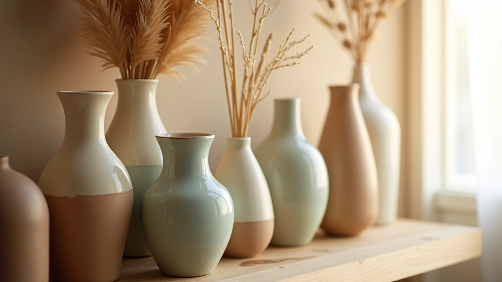 Collection of handmade ceramic vases displayed on wooden shelf with natural daylight