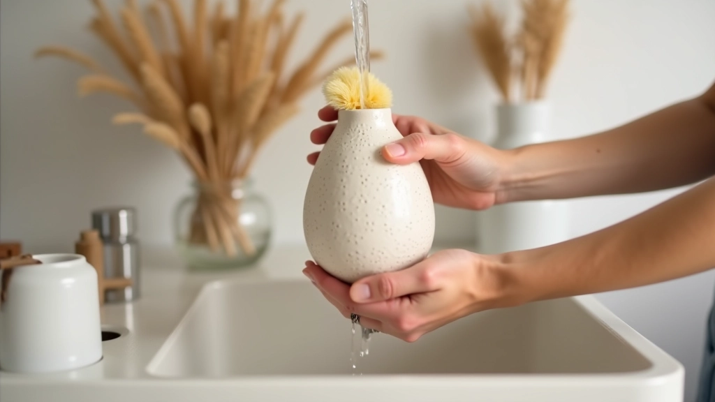 Ceramic vase being gently cleaned with soft sponge under running warm water in a sink