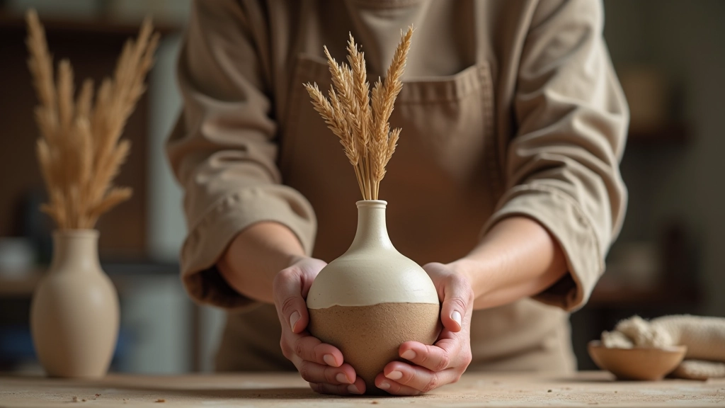 Hands inspecting finished ceramic vase for quality, examining glaze and form, natural light on handmade pottery details
