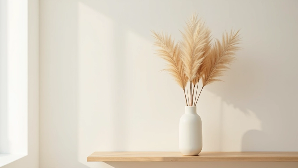 Styled interior scene with ceramic vase and dried pampas reed bundle on wooden shelf