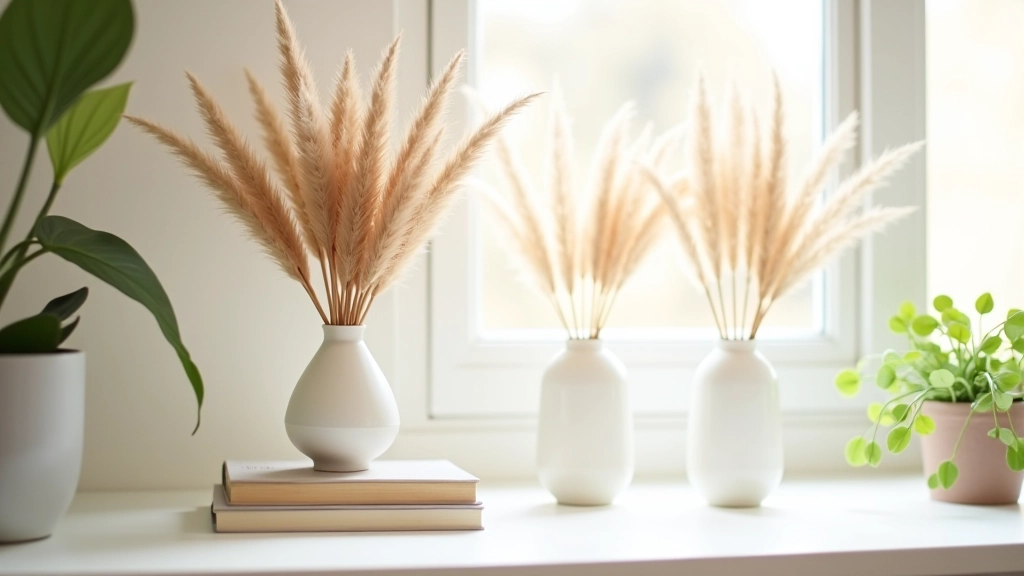 Styled interior scene with ceramic vases and dried reeds arranged on a white shelf with natural light