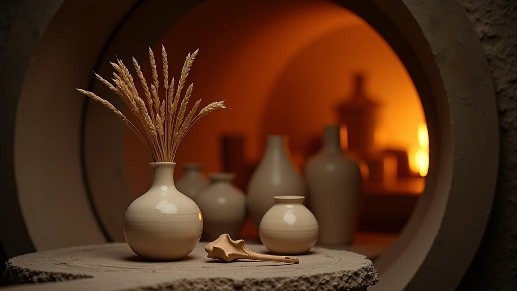 Ceramic kiln interior with finished glazed vases cooling, warm lighting showing the kiln chamber and multiple finished pieces