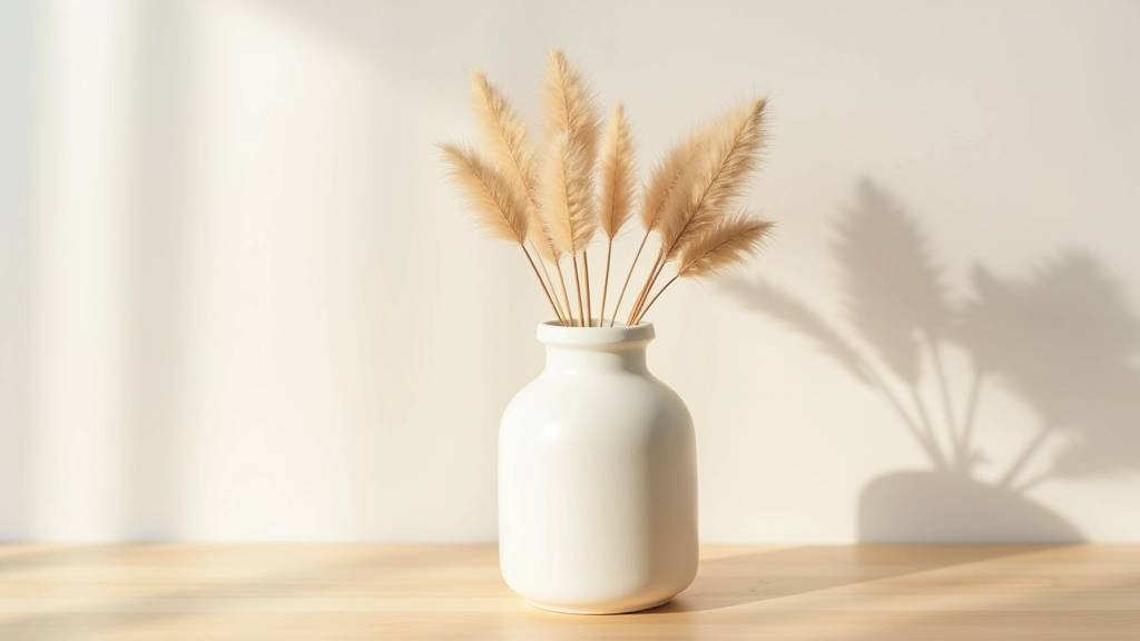 Minimalist ceramic vase with five evenly-spaced dried pampas reed stems on white shelf, clean bright interior setting