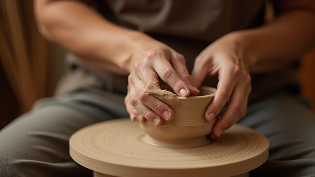 Ceramic artist's hands shaping clay on pottery wheel with detailed craftsmanship visible