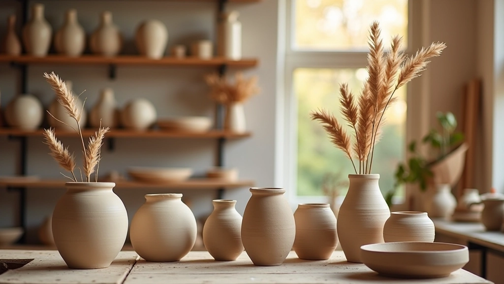 Multiple handmade ceramic vases at various stages of drying, arranged on wooden shelves in pottery studio with natural light