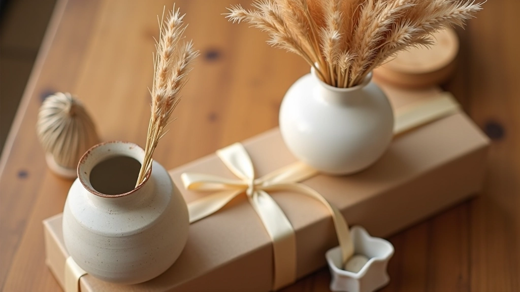 Gift-wrapped ceramic vase and reed bundle package with elegant presentation and natural materials