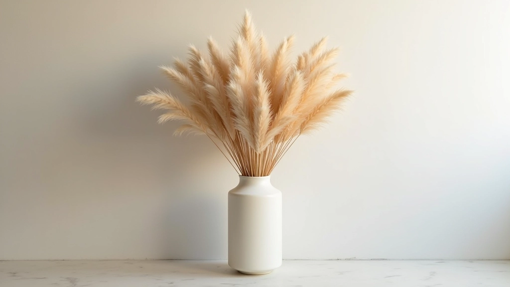 Large statement ceramic vase densely filled with dried pampas reeds creating sculptural arrangement in corner of contemporary living space